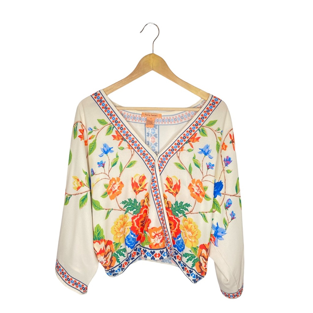 Flying Tomato Crop Loose Fit Floral Blouse Boho Festival Wear | Medium